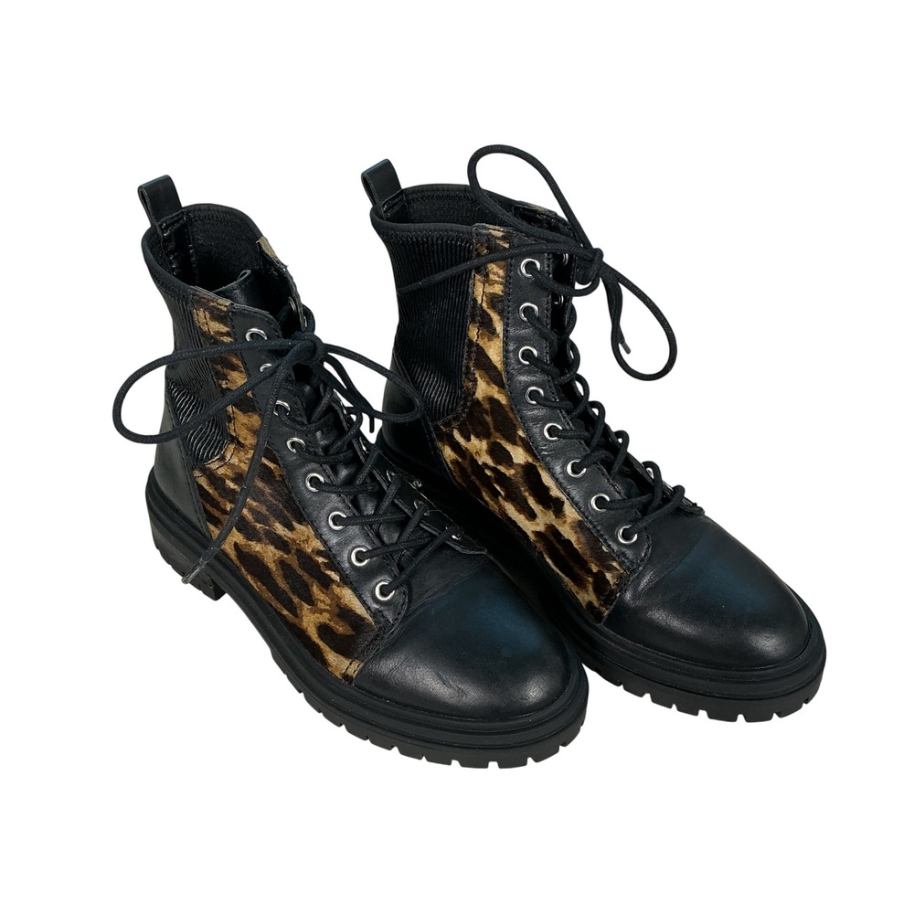 Vince Camuto Bestenda3 Leopard Cow Hair Leather Combat Boots Black 6M